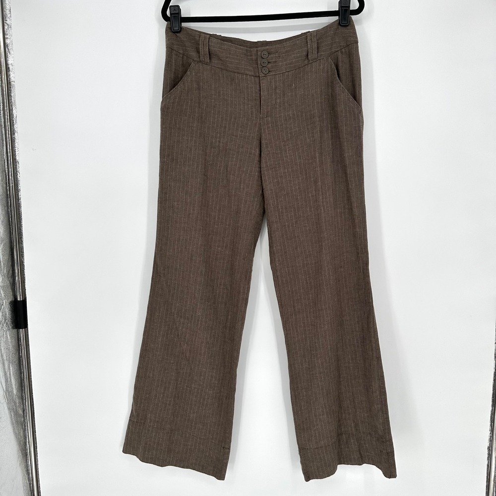 Y2K Mossimo Brown Pin Stripe Linen Blend Low Rise Flare Trouser Pants 8 Chic‎